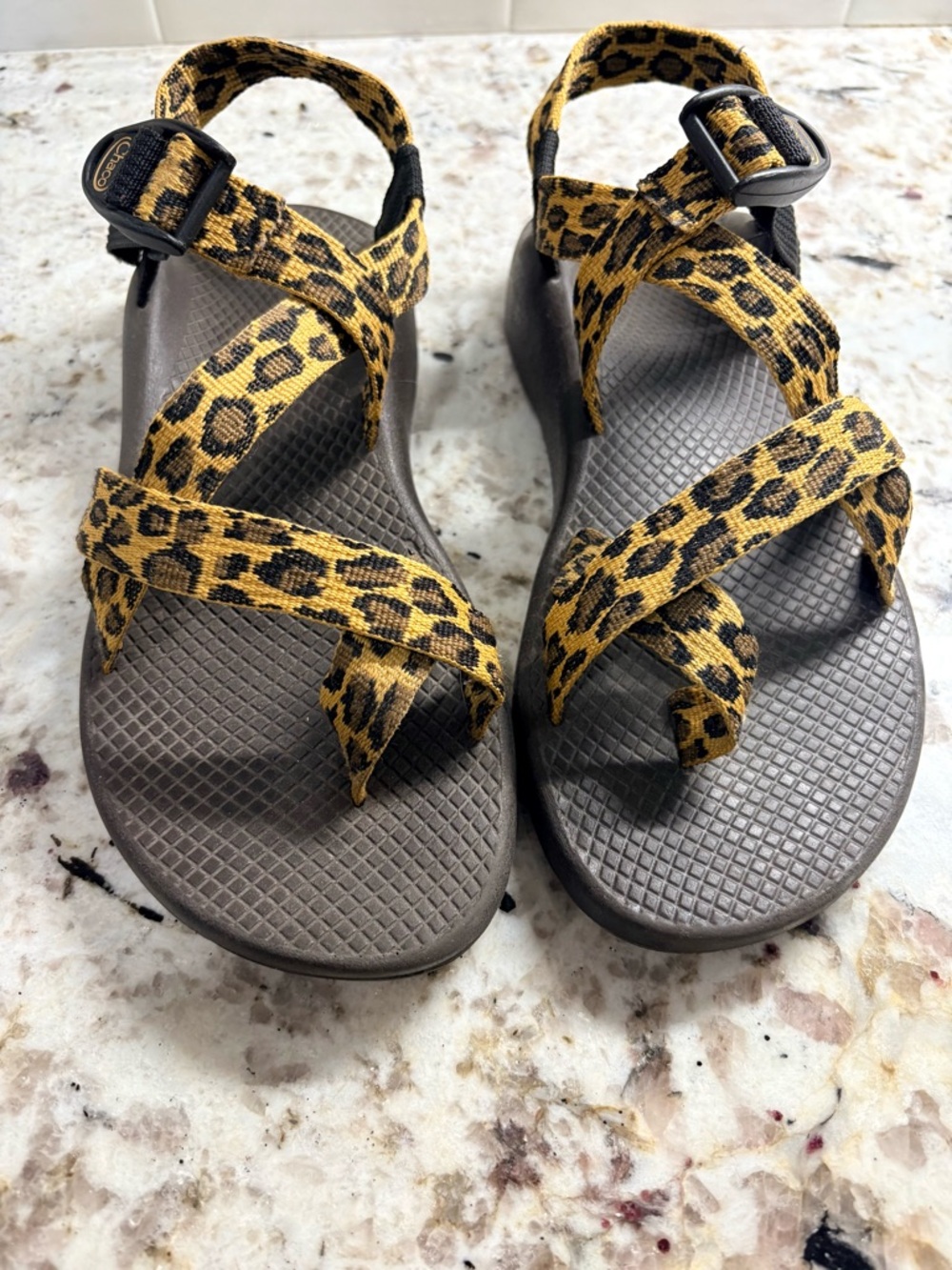 Chaco Women's Sandals Yellow Leopard Print Straps with brown footbed